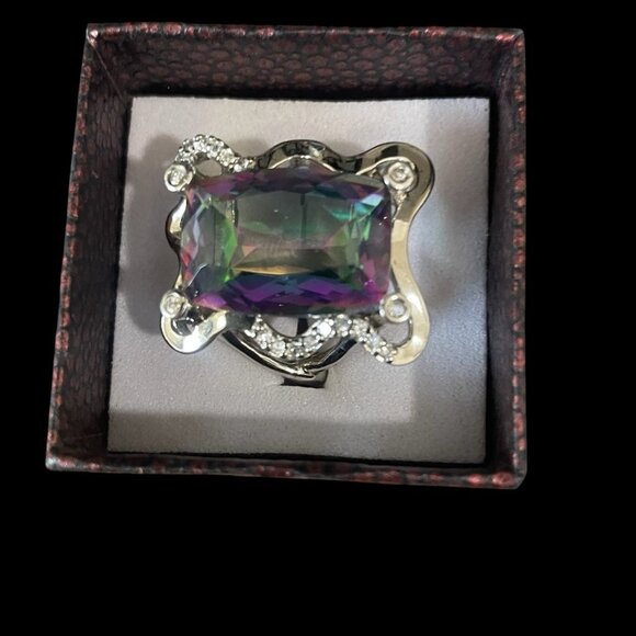 Aura Quartz Ring Sterling Silver Size 7 Iridescent Cocktail Boho Statement Gift - Picture 6 of 8
